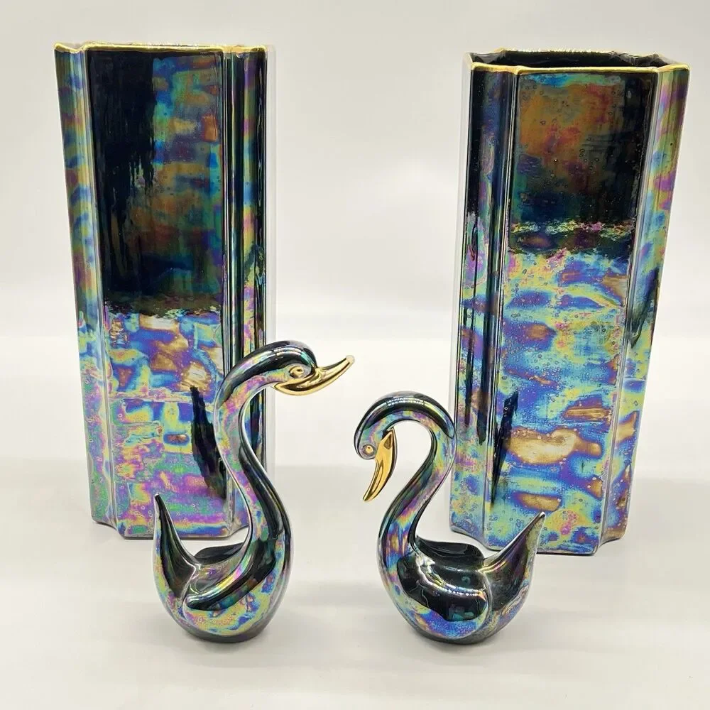 Lee Roy Cain Vintage Ceramic Pottery 2 Vases/Swans Iridescent Metallic Glaze